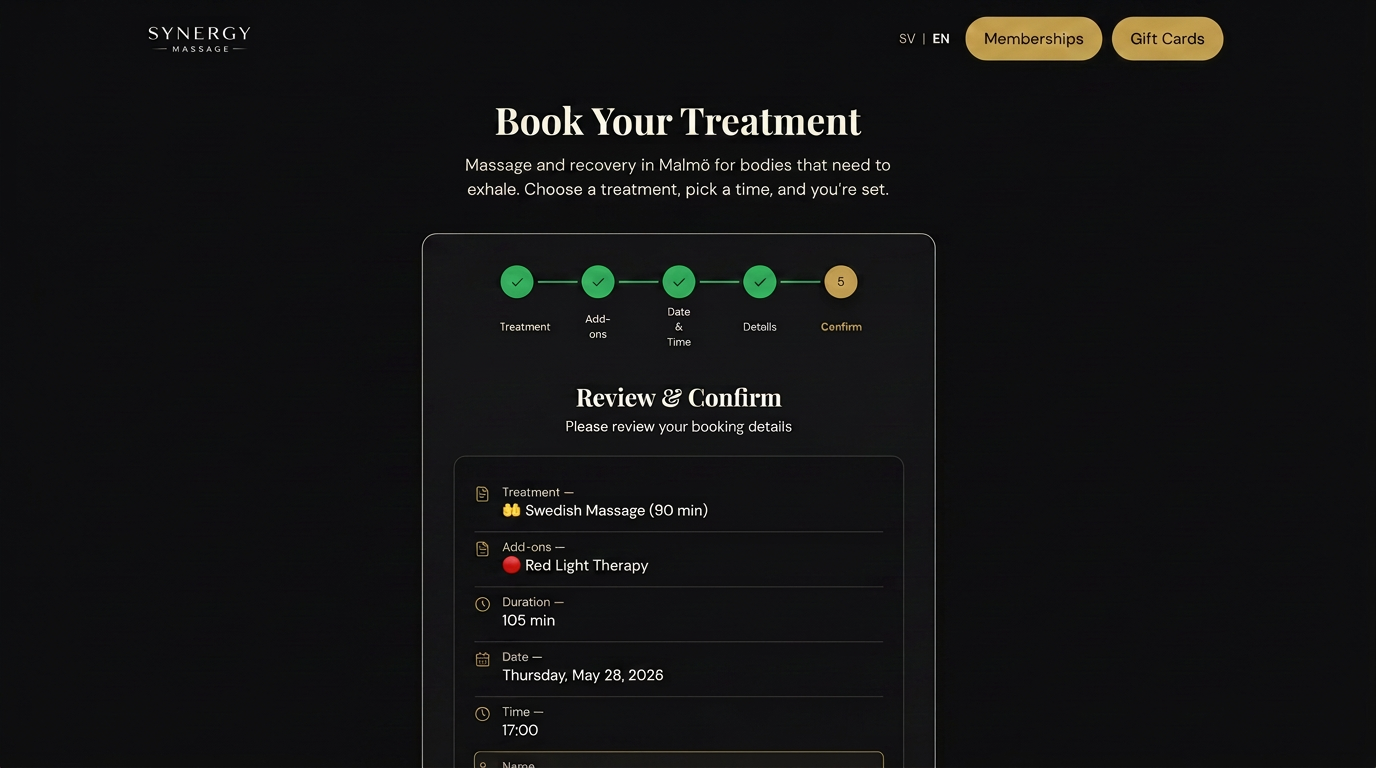 Synergy Massage Booking — magazyn centralny