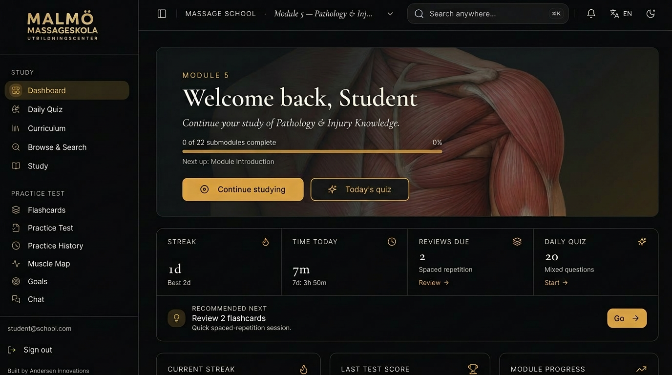 Malmö Massageskola Learning Platform — pulpit